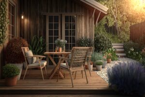 Terrassen-Trends 2026: Holzboden mit Gartenmöbeln und Gartenlaube im Hintergrund bei Sonnenuntergang